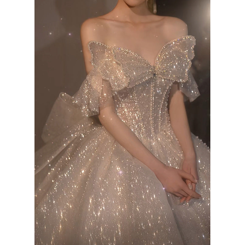 One-shoulder High-quality Long Trailing Heavy Industry Retro Wedding Dress aclosy