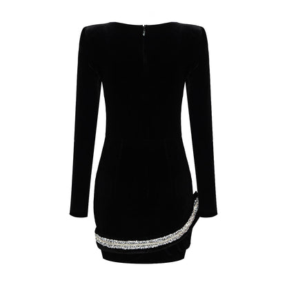 Black Diamond-encrusted Long-sleeved Bandage Skirt Dress aclosy