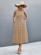 Buttoned Halter Neck Frill Trim Midi Dress Trendsi