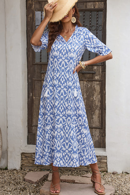 Printed Tassel Tie Flounce Sleeve Dress Trendsi