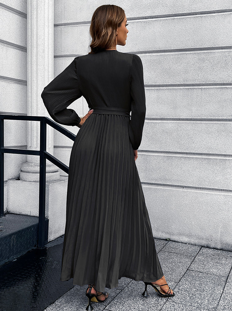 V-Neck Tie Waist Pleated Maxi Dress Trendsi