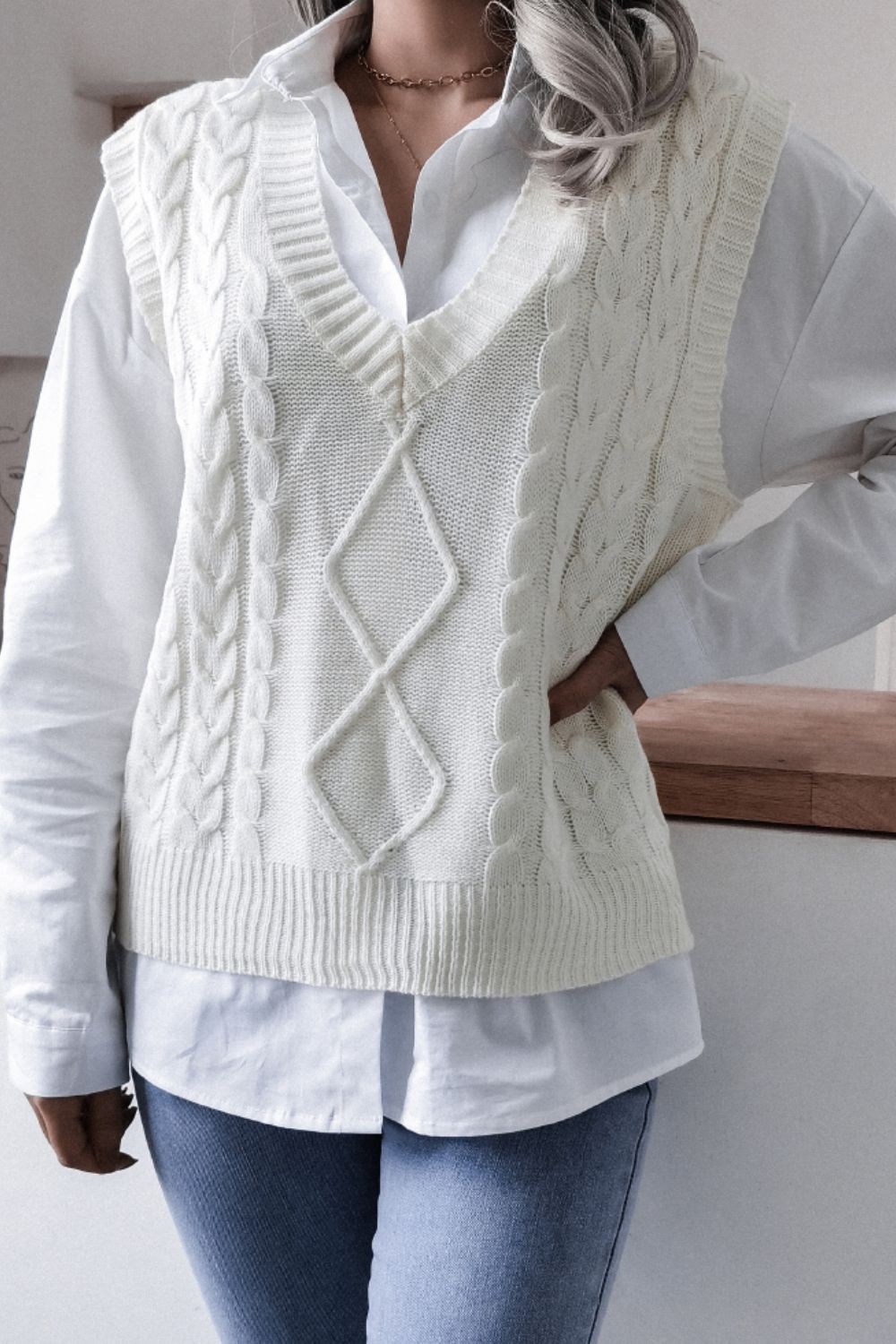 Cable-Knit V-Neck Sweater Vest Trendsi