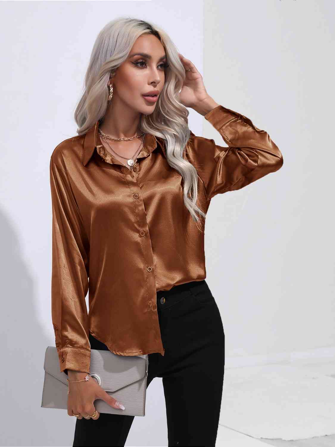 Collared Neck Buttoned Long Sleeve Shirt Trendsi