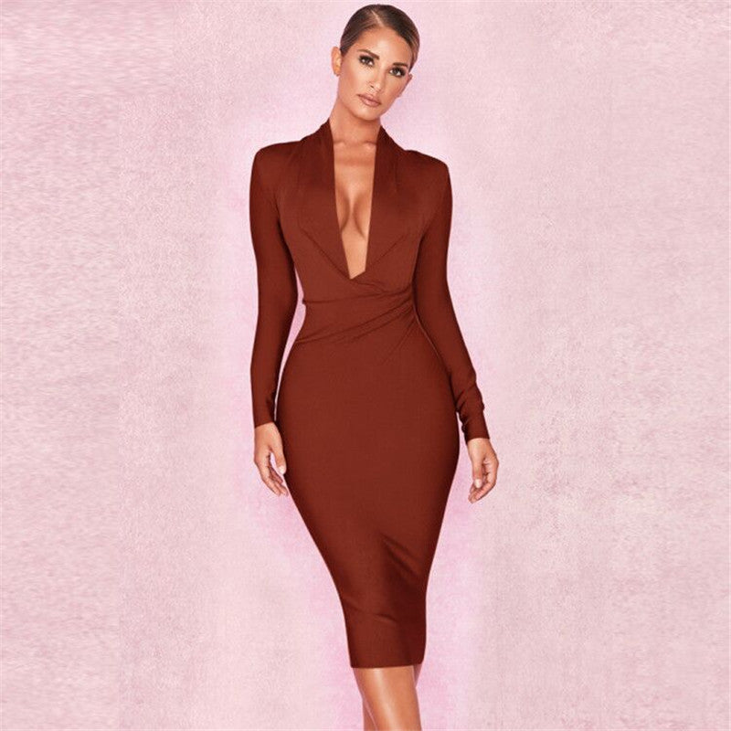 Full Sleeve Bandage party Dress-Brown aclosy