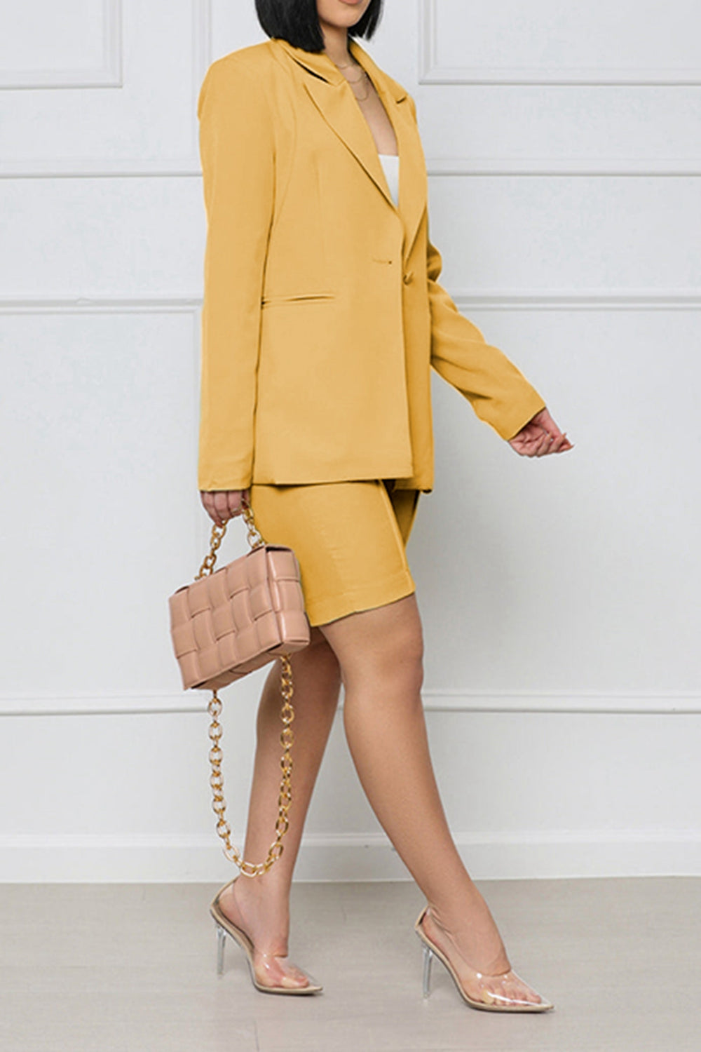 Long Sleeve Blazer and Shorts Set Trendsi