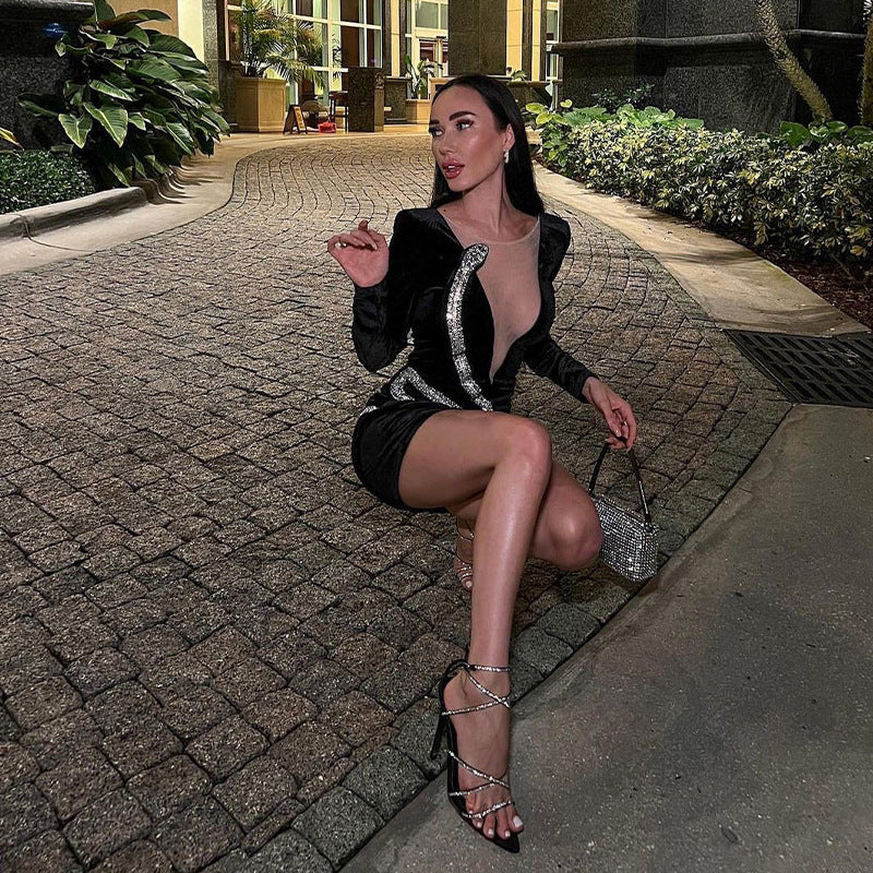 Black Diamond-encrusted Long-sleeved Bandage Skirt Dress aclosy