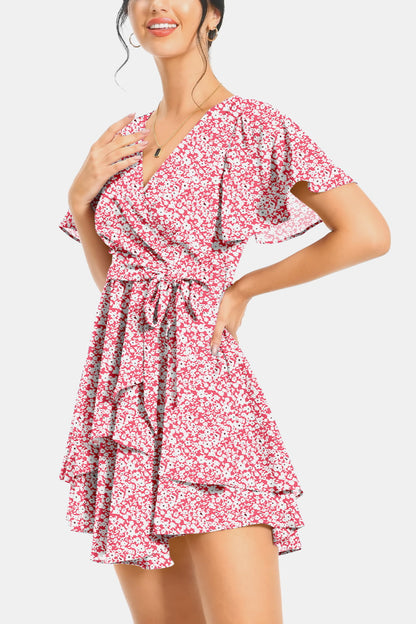 Surplice Neck Flutter Sleeve Dress Trendsi