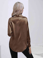 Collared Neck Buttoned Long Sleeve Shirt Trendsi