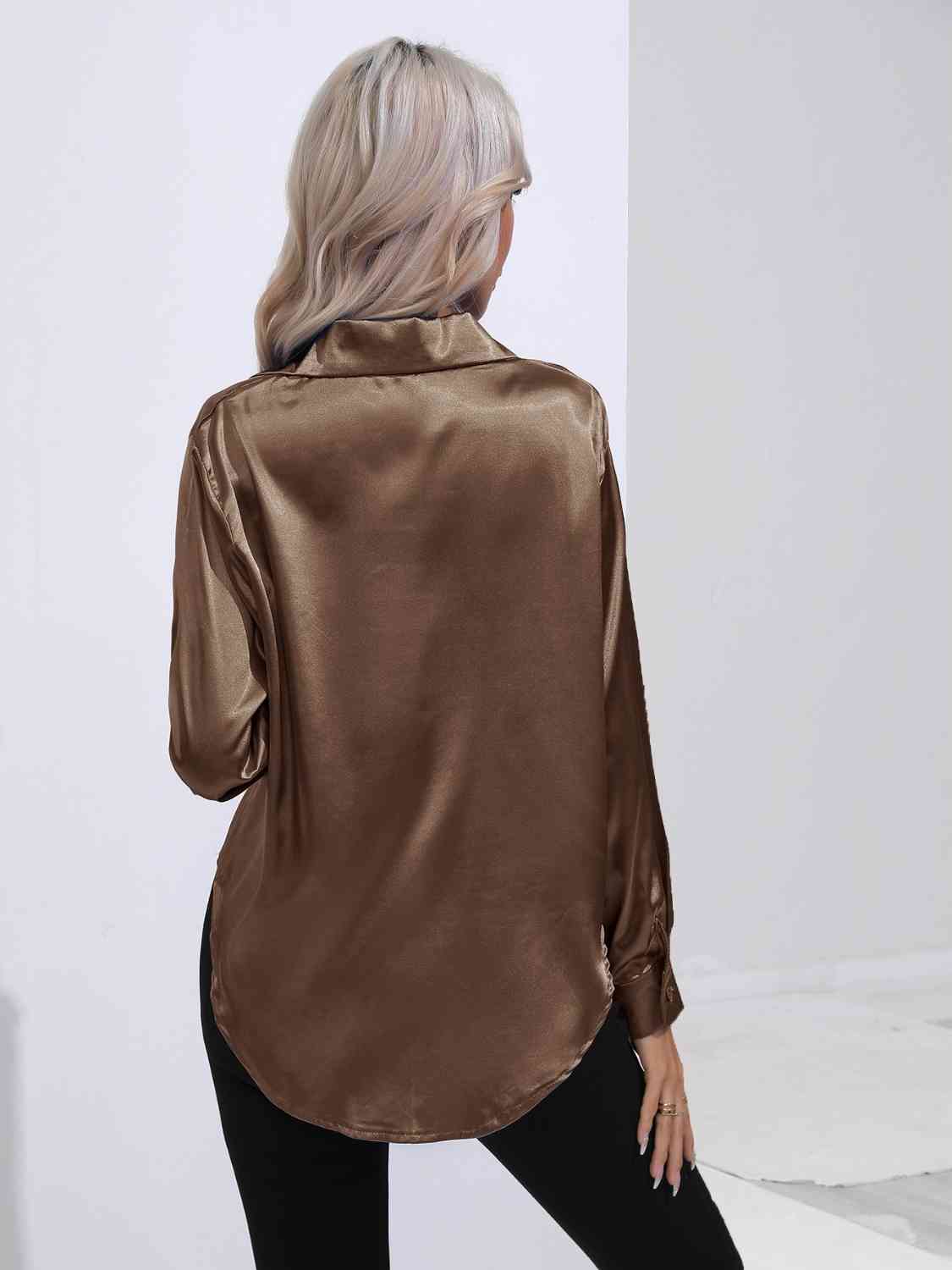 Collared Neck Buttoned Long Sleeve Shirt Trendsi