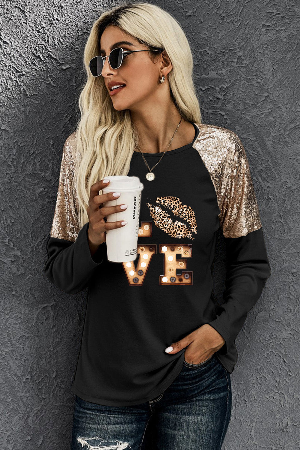 LOVE Graphic Sequin Long Sleeve T-Shirt Trendsi