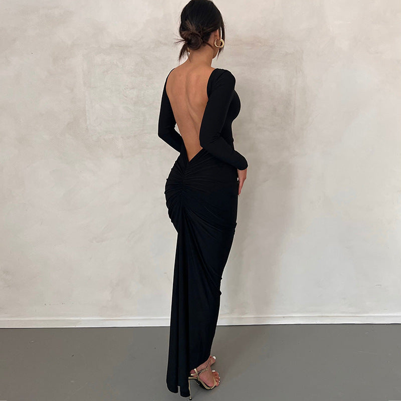 Backless Pleated Long Elegant Slim Dress aclosy