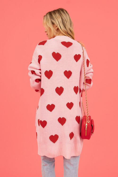 Heart Graphic Open Front Cardigan with Pockets Trendsi