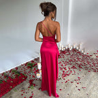 One-shoulder Pleated Split Sexy Satin Dress Elegant Slim-fit Solid Color aclosy