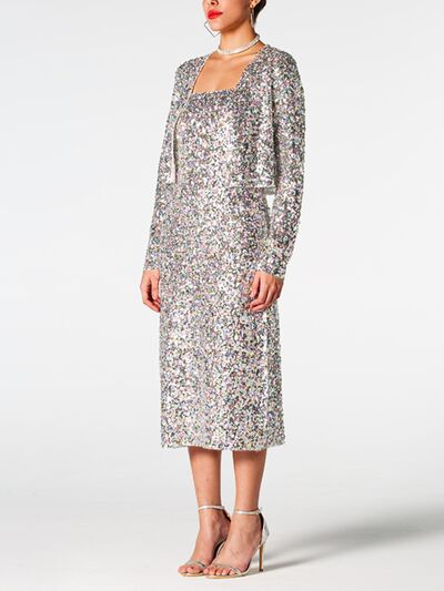 Sequin Cardigan and Straight Dress Set Trendsi