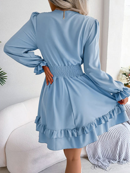 Tie Front Smocked Waist Flounce Sleeve Dress Trendsi