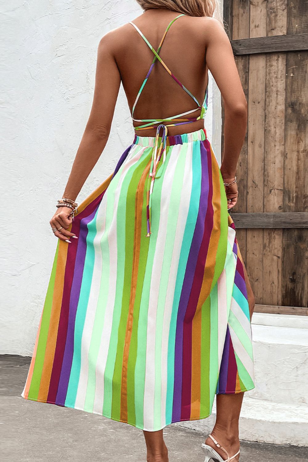 Multicolored Stripe Crisscross Backless Dress Trendsi