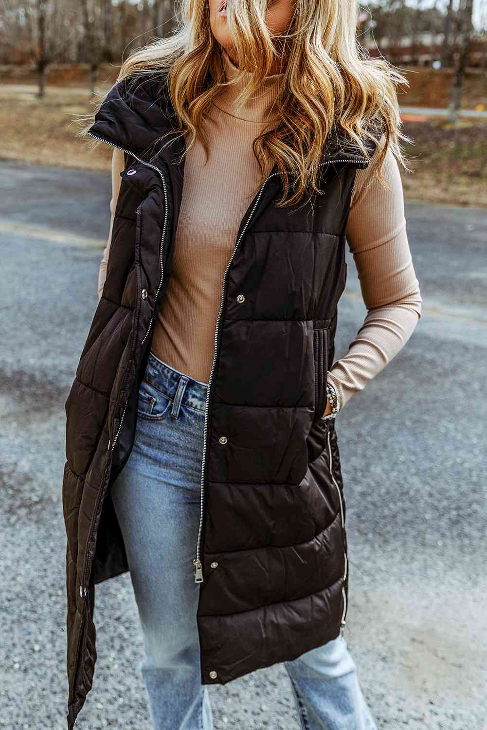 Longline Hooded Sleeveless Puffer Vest Trendsi