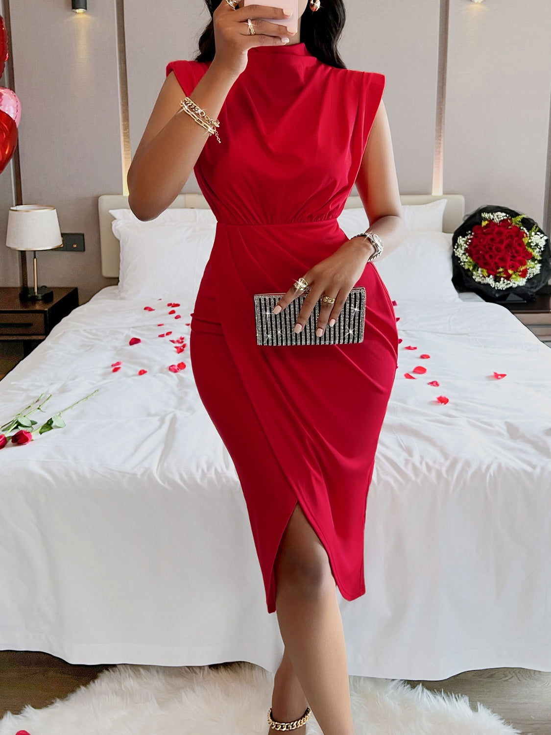 Cutout Slit Mock Neck Sleeveless Dress Trendsi