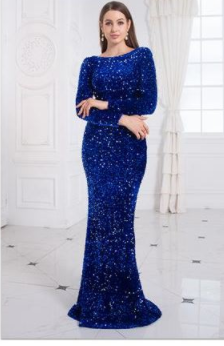 Women Modest Stretch Sequin Royal Blue Evening Prom Gown Party aclosy