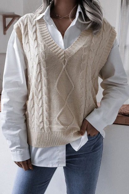 Cable-Knit V-Neck Sweater Vest Trendsi