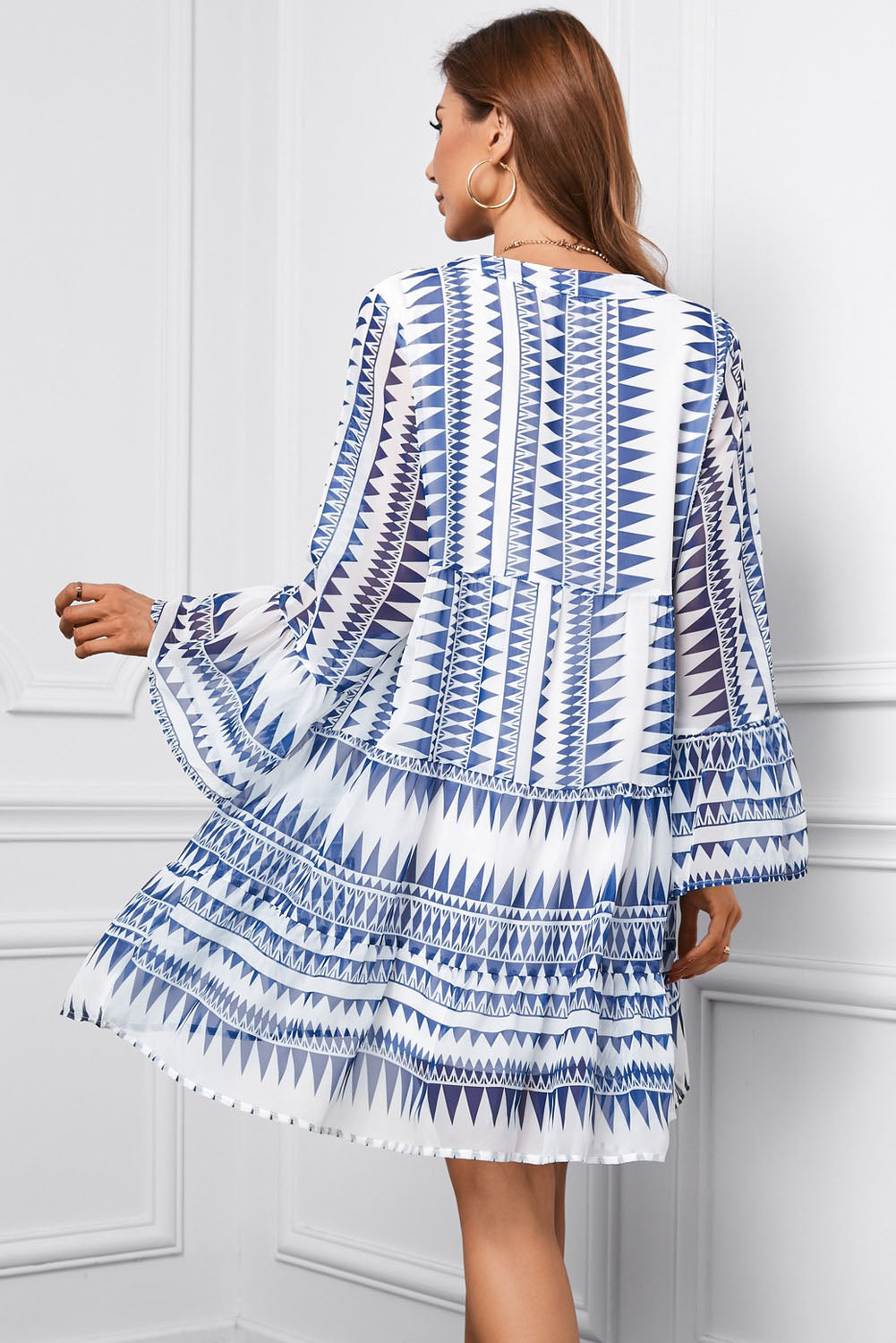 Printed Notched Neck Flare Sleeve Tiered Dress Trendsi