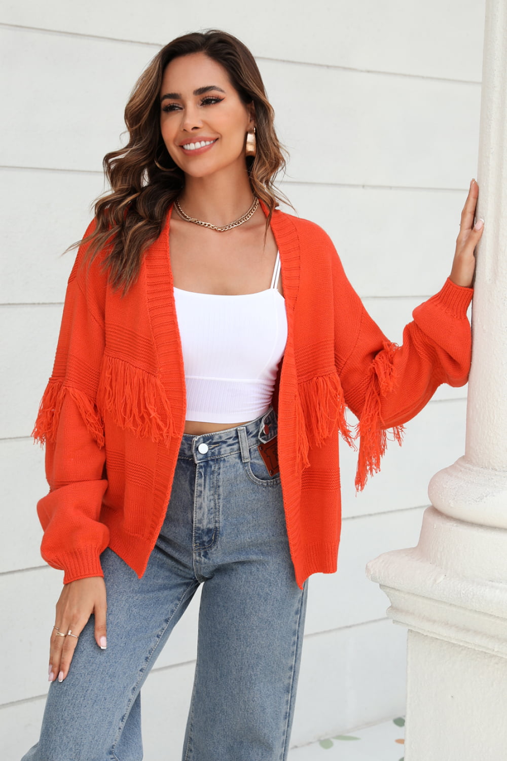 Double Take Fringe Trim Open Front Cardigan Trendsi