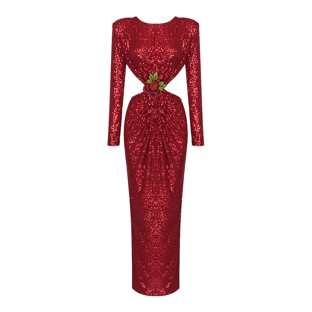 Round Neck Flower Waist Button Dress aclosy