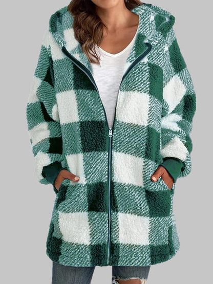 Plaid Zip-Up Hooded Jacket with Pockets Trendsi