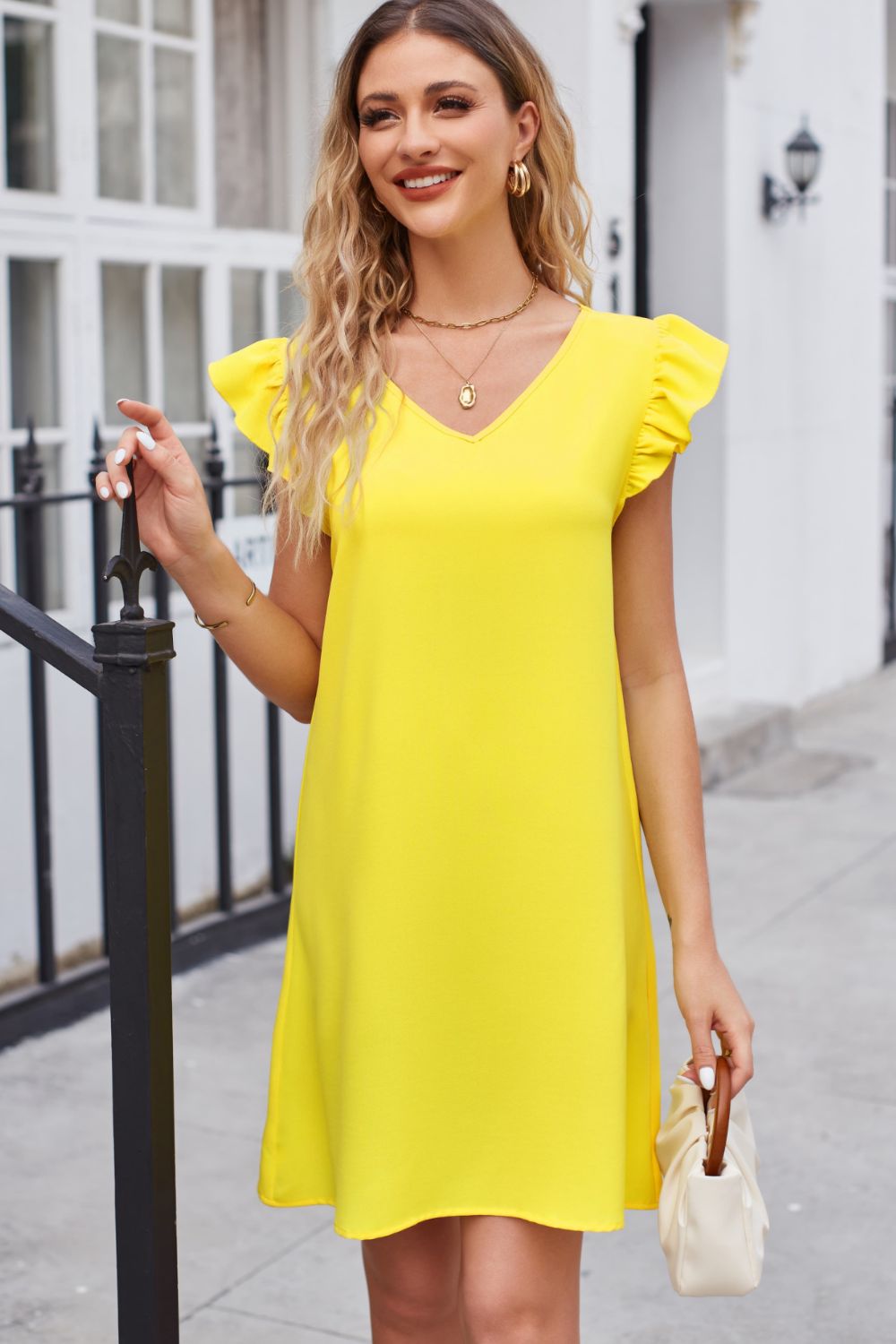 Ruffled V-Neck Flutter Sleeve Dress Trendsi