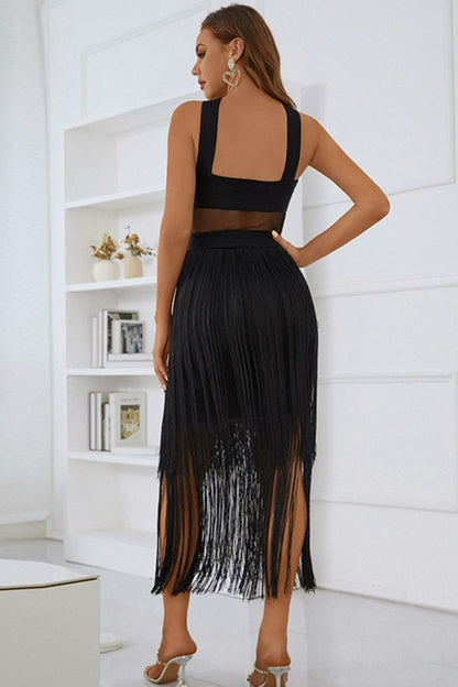 Spliced Mesh Fringe Hem Sleeveless Dress Trendsi