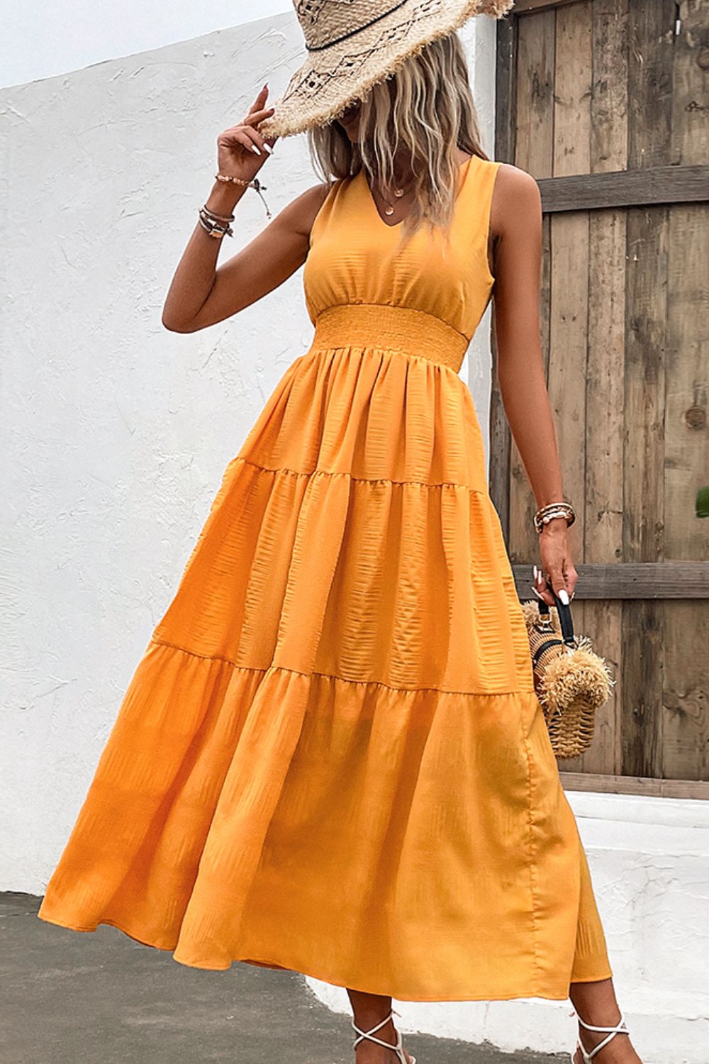 V-Neck Smocked Waist Sleeveless Tiered Dress Trendsi