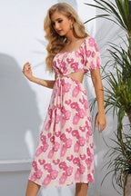 Floral Cutout Square Neck Puff Sleeve Dress Trendsi