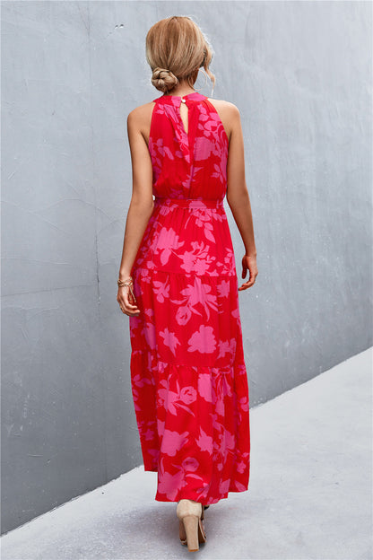Printed Sleeveless Tie Waist Maxi Dress Trendsi