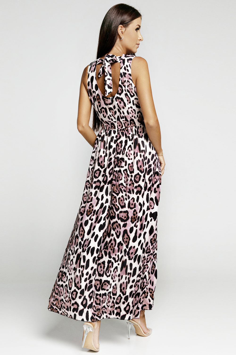 Leopard Print Open Back Split Sleeveless Dress Trendsi