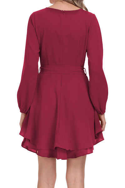 Tied Surplice Balloon Sleeve Layered Dress Trendsi