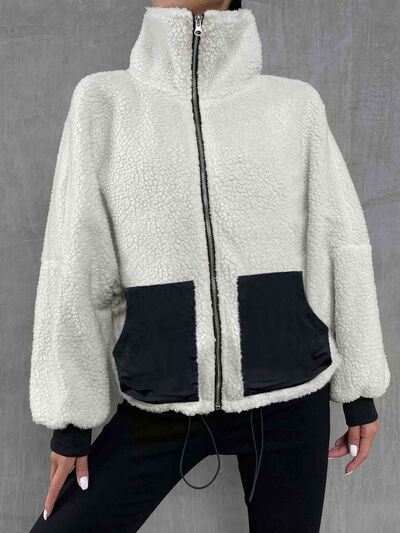 Contrast Drawstring Collared Neck Jacket Trendsi