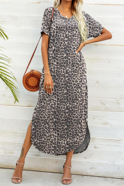 Printed V-Neck Curved Hem Dress Trendsi