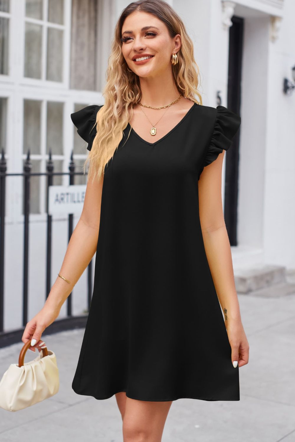 Ruffled V-Neck Flutter Sleeve Dress Trendsi