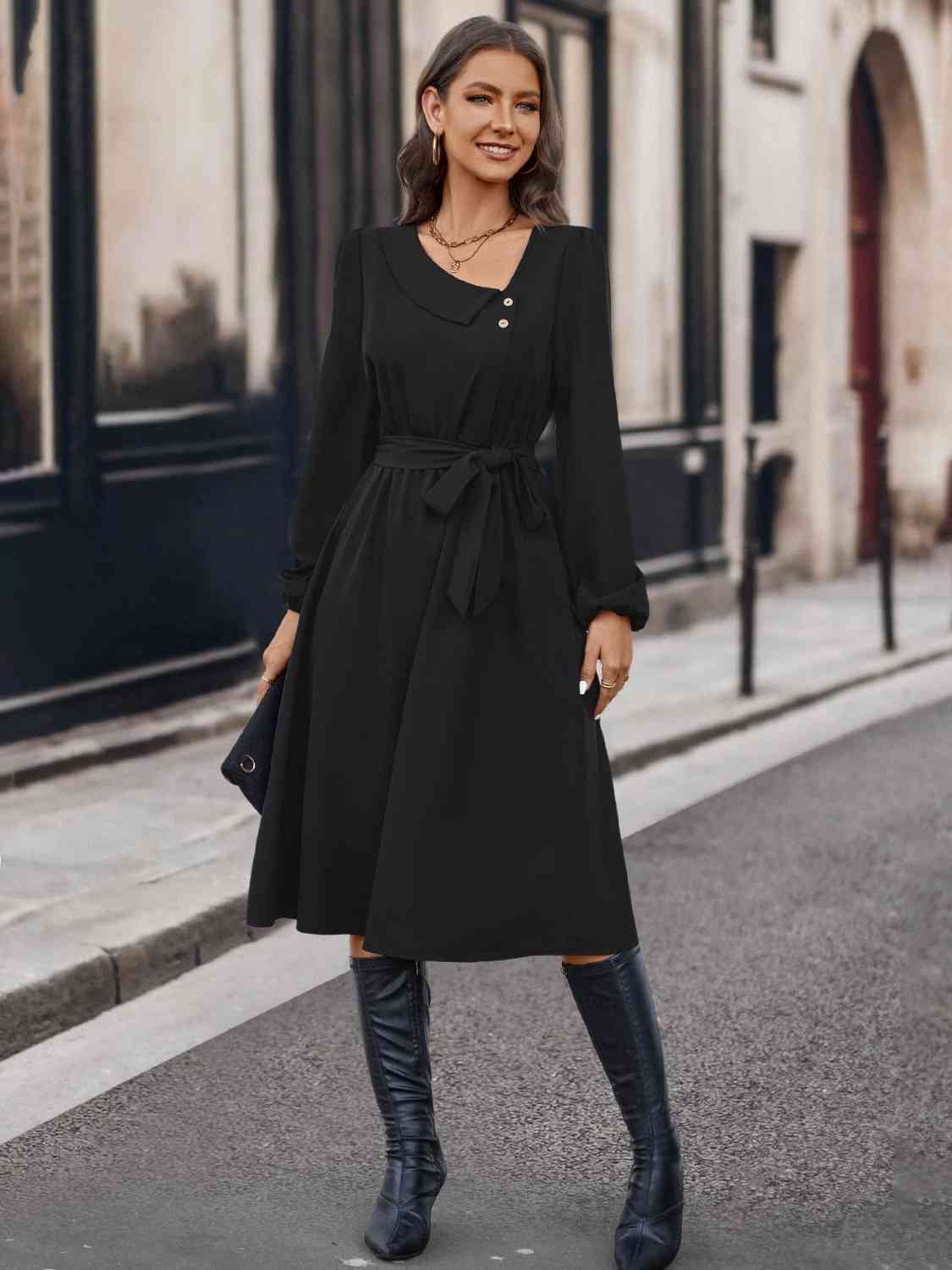 Buttoned Tie Front Long Sleeve Asymmetrical Neck Dress Trendsi