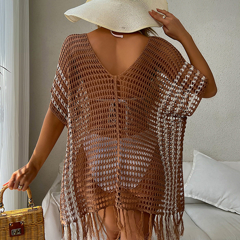 Contrasting Pullover V-Neck Fringed Bikini Beach Blouse ACLOSY