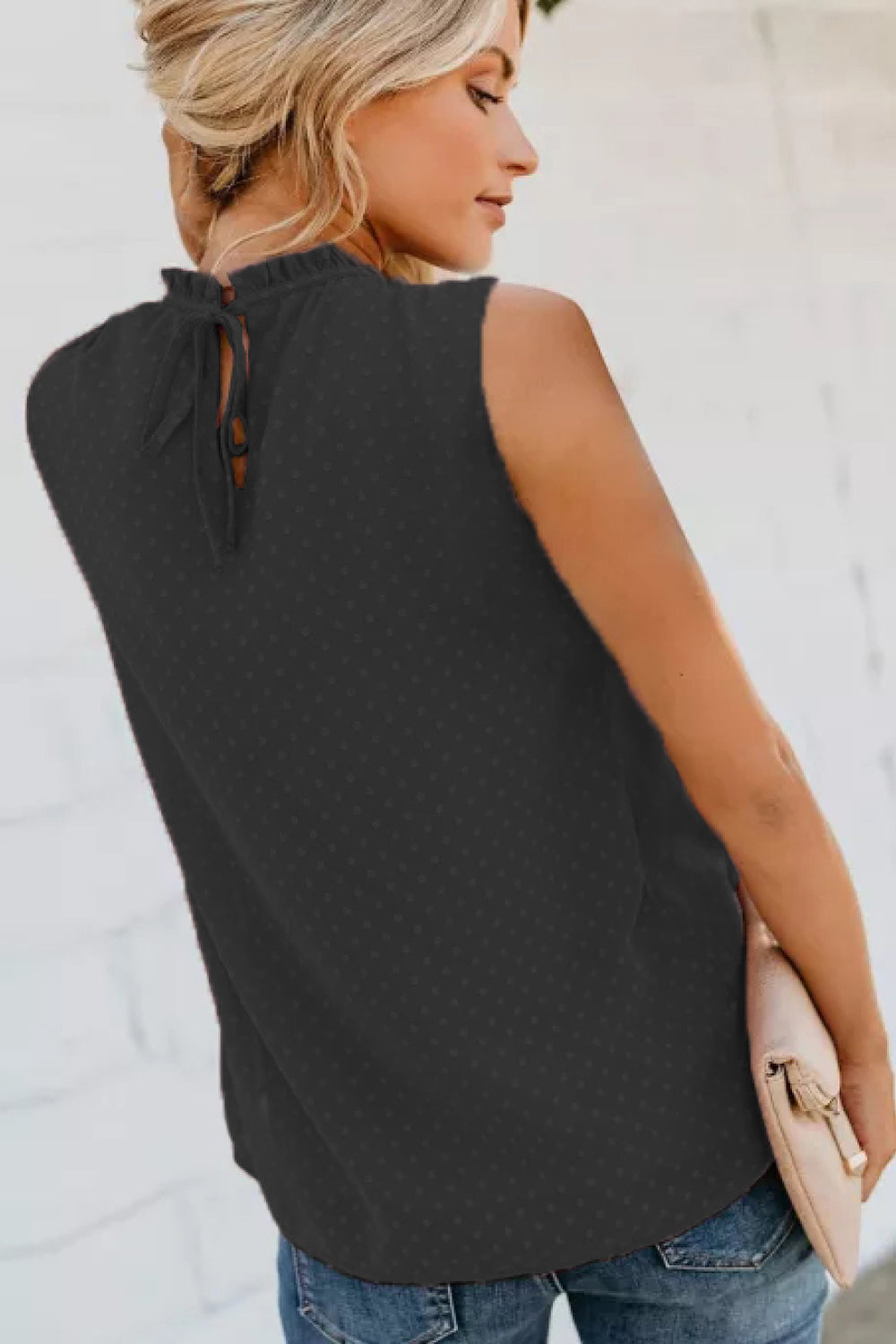 Smocked Tie Back Frill Trim Tank Trendsi