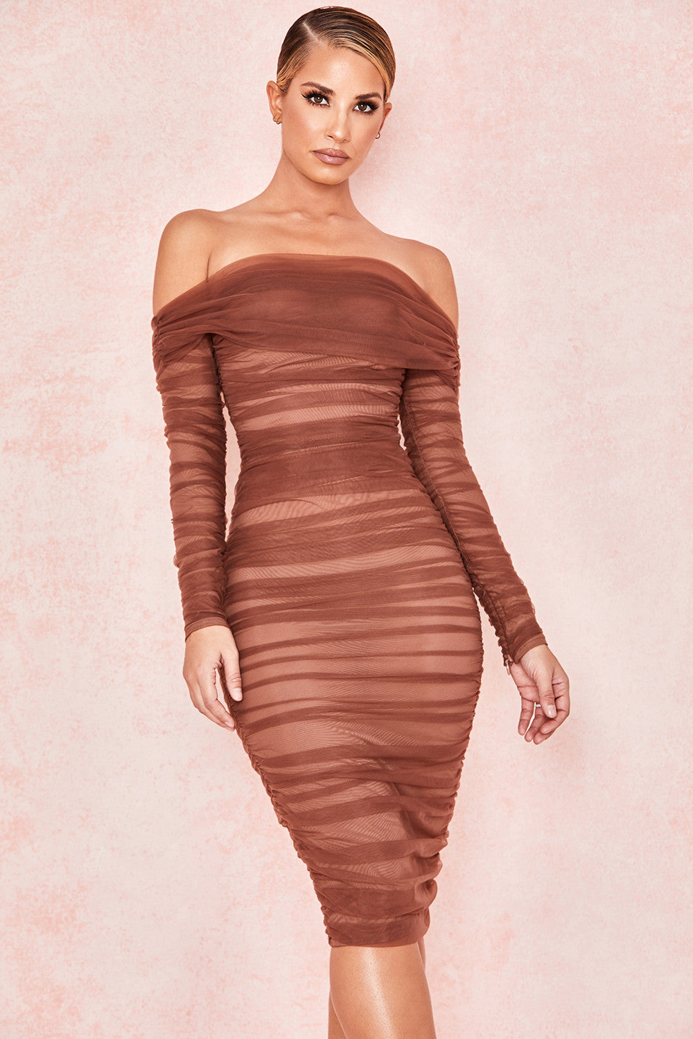 Ruched Off Shoulder Midi Dress aclosy