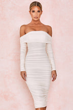 ALYIA IVORY TULLE OFF SHOULDER RUCHED DRESS aclosy