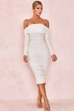 ALYIA IVORY TULLE OFF SHOULDER RUCHED DRESS aclosy