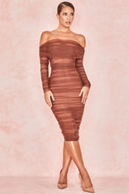 Ruched Off Shoulder Midi Dress aclosy