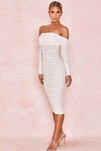 ALYIA IVORY TULLE OFF SHOULDER RUCHED DRESS aclosy