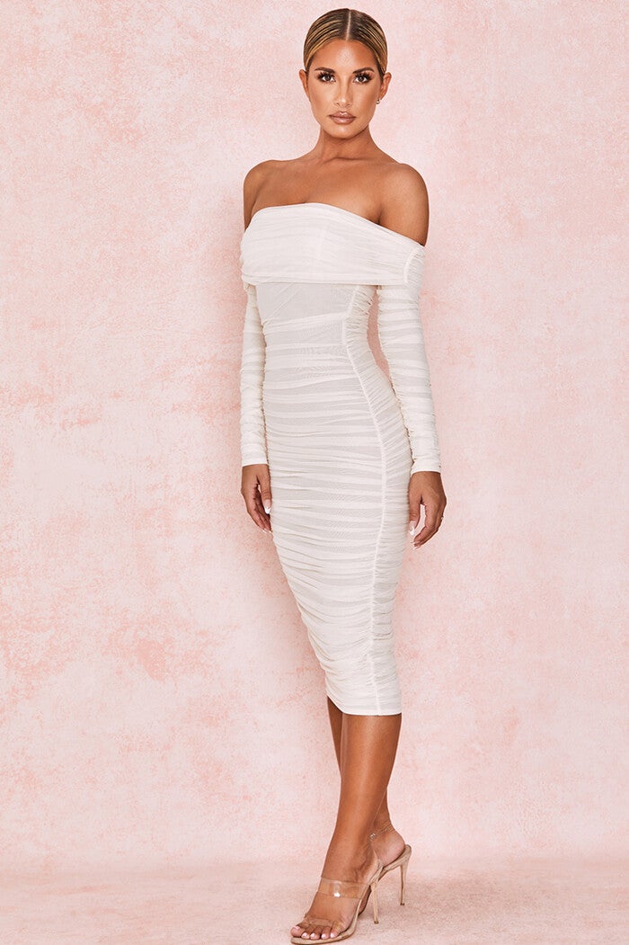 Ruched Off Shoulder Midi Dress aclosy