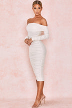 ALYIA IVORY TULLE OFF SHOULDER RUCHED DRESS aclosy