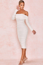 Ruched Off Shoulder Midi Dress aclosy