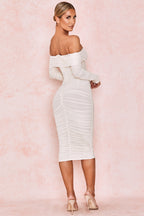 ALYIA IVORY TULLE OFF SHOULDER RUCHED DRESS aclosy